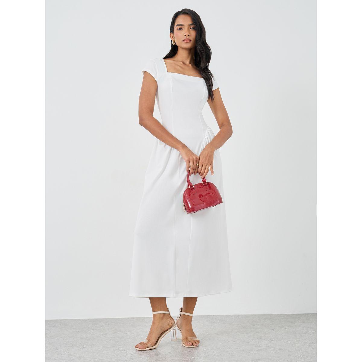 فستان ميدي سادة بياقة واسعة وأكمام قصيرة-women-clothing-dresses-image-1