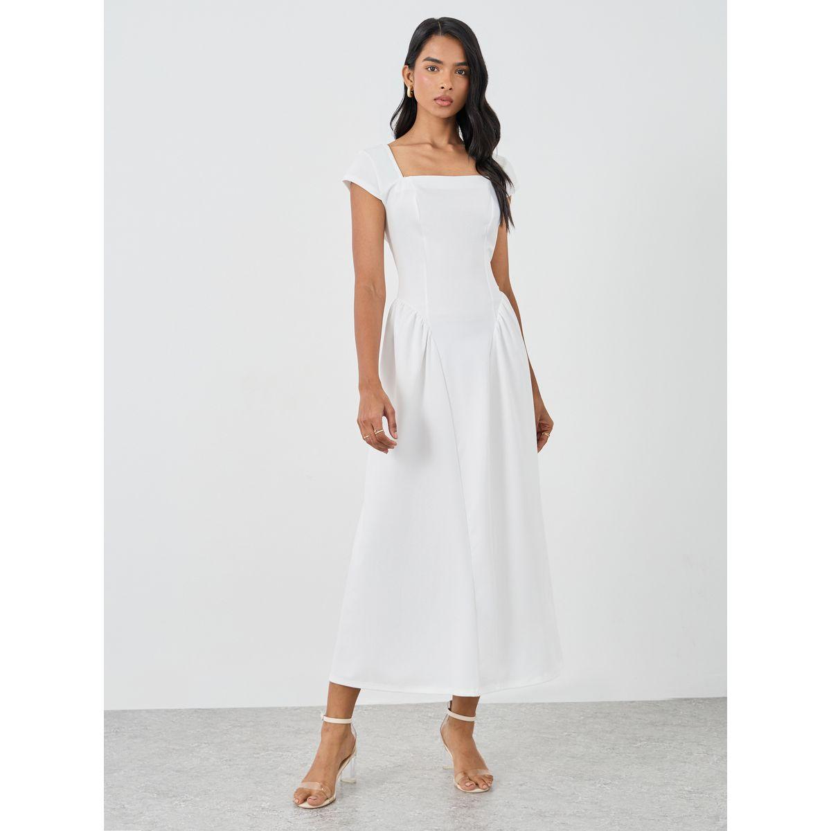 فستان ميدي سادة بياقة واسعة وأكمام قصيرة-women-clothing-dresses-image-2