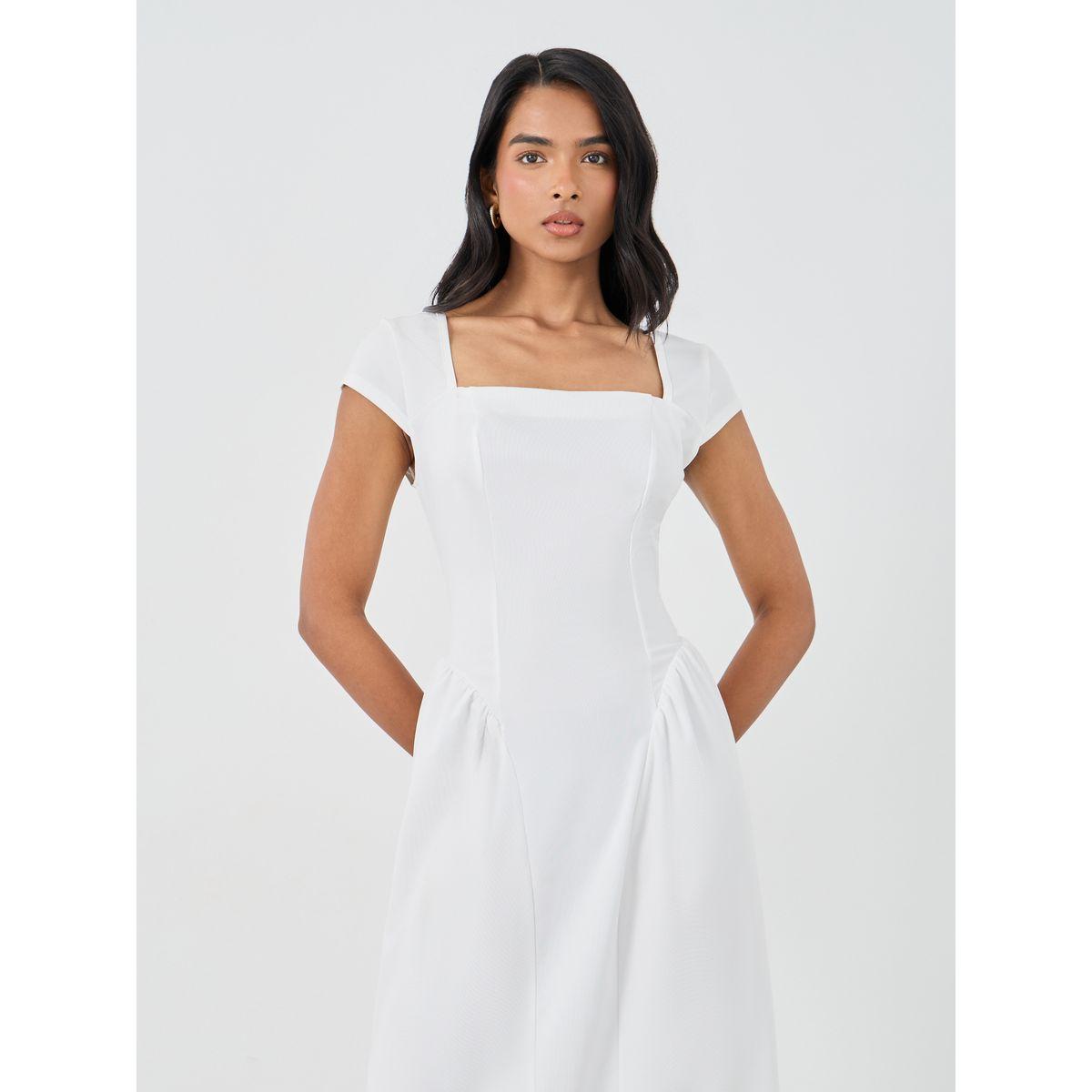 Styli Solid Square Neck Short Sleeve Midi Dress-women-clothing-dresses-image-3