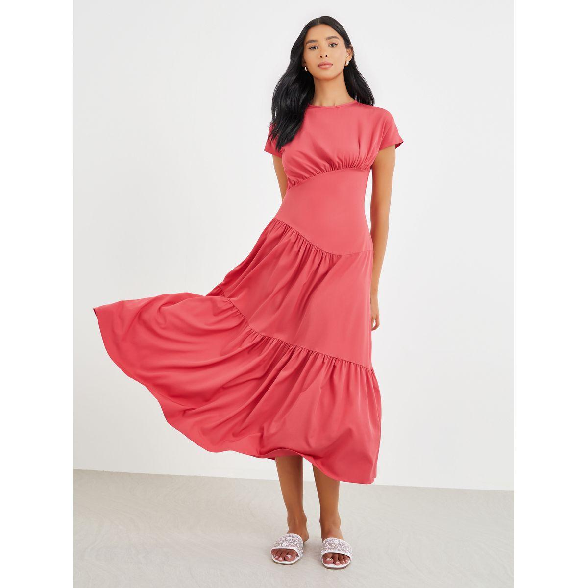 Styli Solid Short Sleeve A-Line Midi Dress with Asymmetric Gathering-women-clothing-dresses-image-2