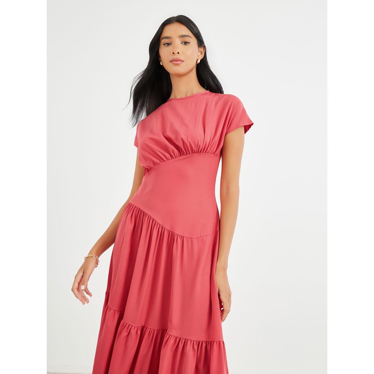 Styli Solid Short Sleeve A-Line Midi Dress with Asymmetric Gathering-women-clothing-dresses-image-3