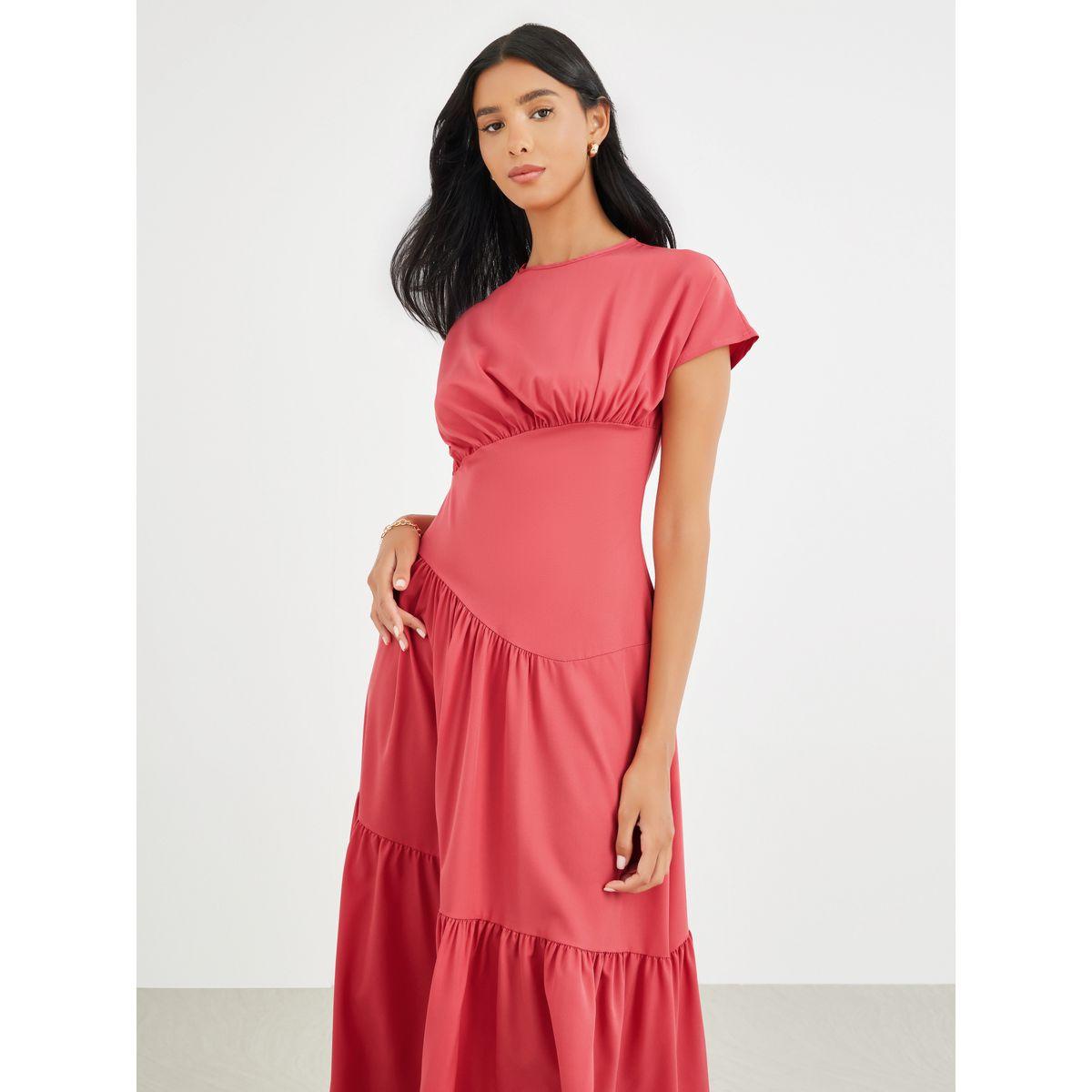 Styli Solid Short Sleeve A-Line Midi Dress with Asymmetric Gathering-women-clothing-dresses-image-4