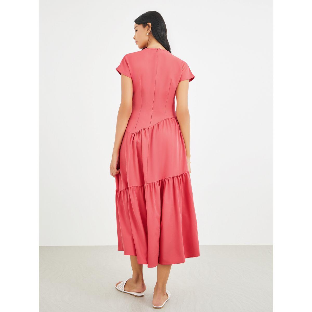 فستان ميدي سادة بأكمام قصيرة وتفاصيل مُجمعة-women-clothing-dresses-image-6