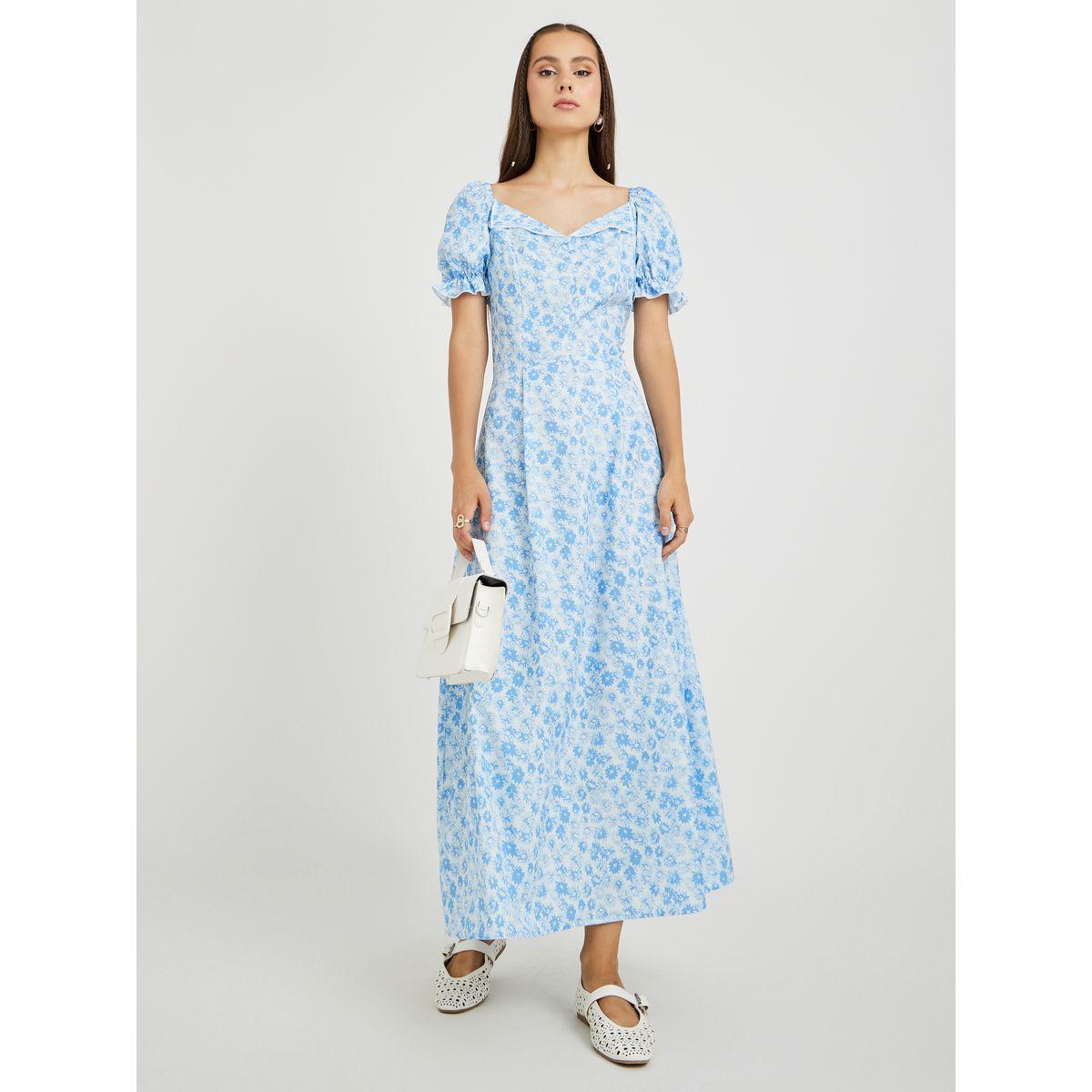 فستان ميدي بطبعة زهور وأكمام منفوخة-women-clothing-dresses-image-1