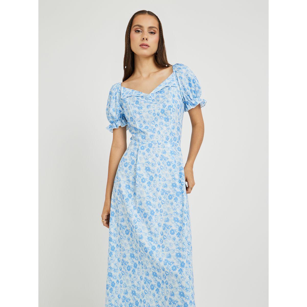 فستان ميدي بطبعة زهور وأكمام منفوخة-women-clothing-dresses-image-2