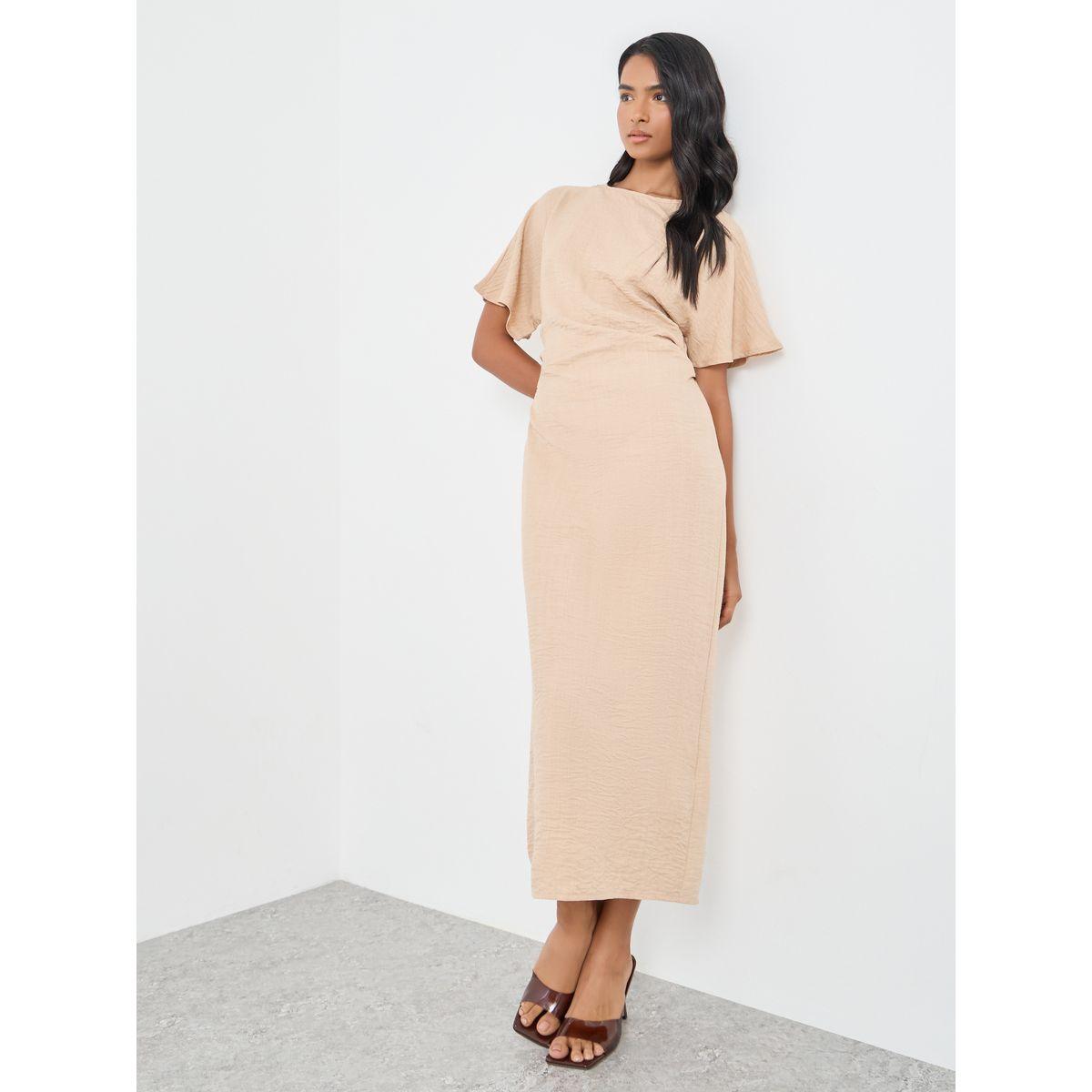 Styli Solid Short Sleeve Side Gathered Midi Dress-women-clothing-dresses-image-1