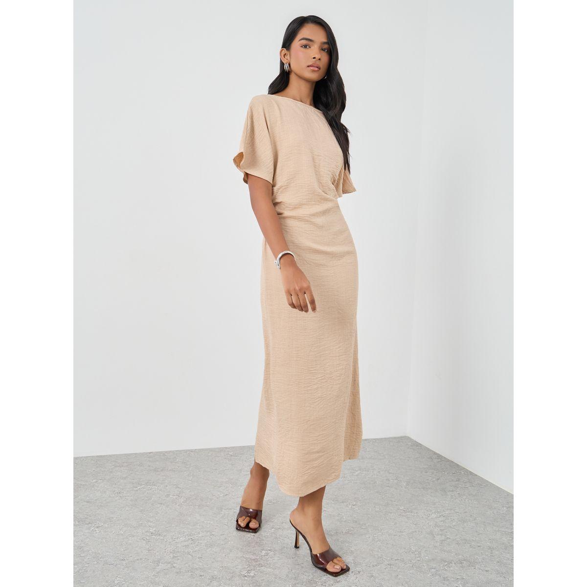 Styli Solid Short Sleeve Side Gathered Midi Dress-women-clothing-dresses-image-2