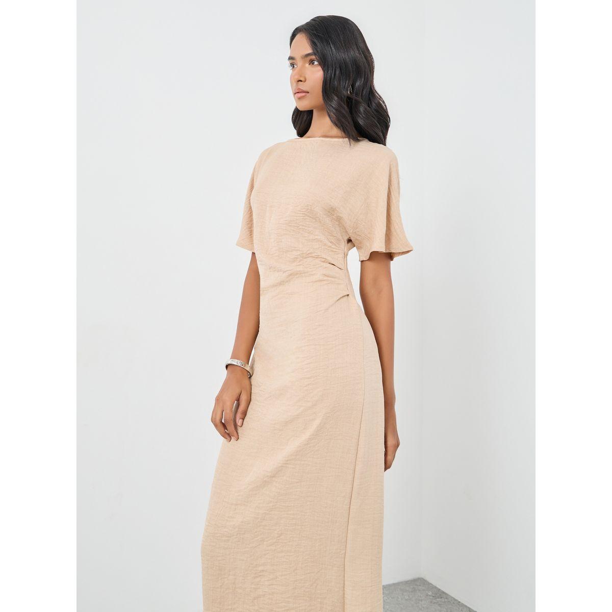 Styli Solid Short Sleeve Side Gathered Midi Dress-women-clothing-dresses-image-3