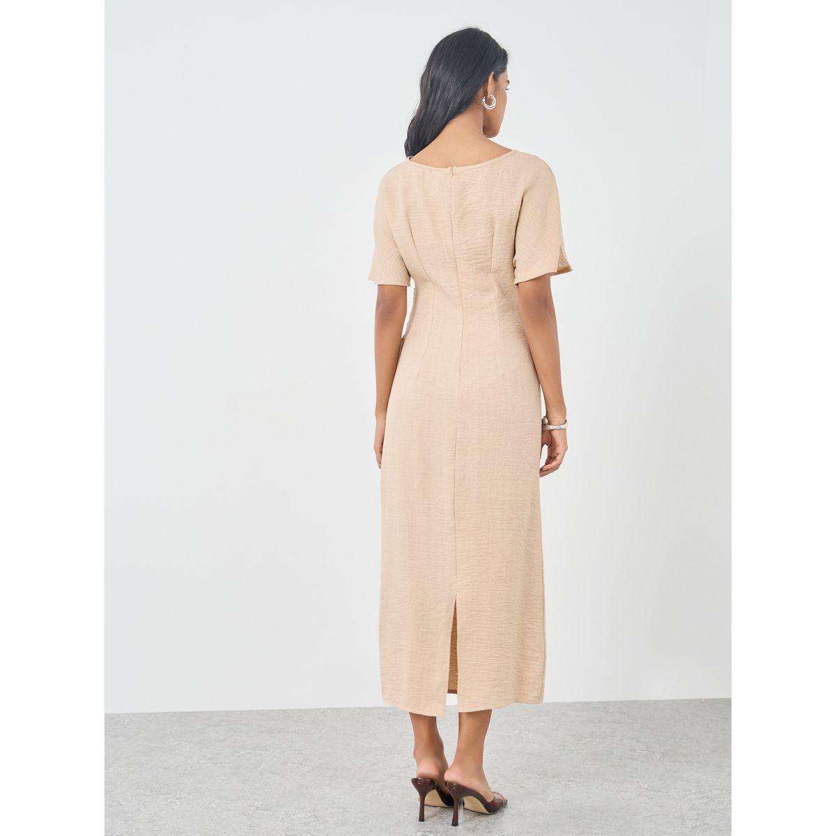 Styli Solid Short Sleeve Side Gathered Midi Dress-women-clothing-dresses-image-5