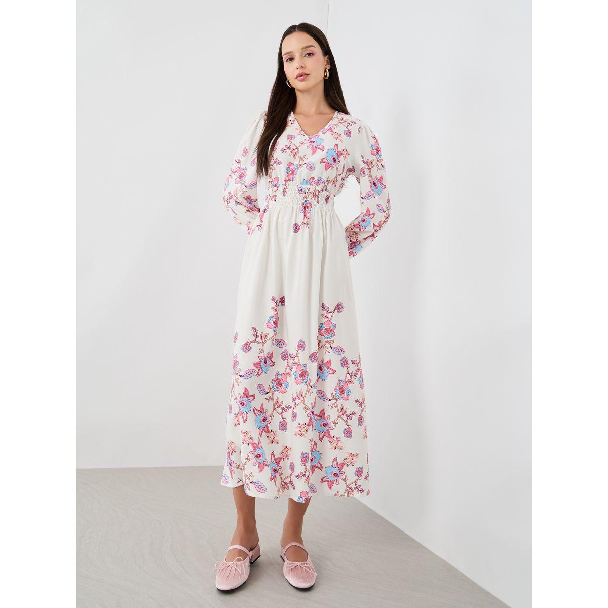 فستان ميدي بطبعة زهور وخصر مزموم مع أكمام بالون-women-clothing-dresses-image-1