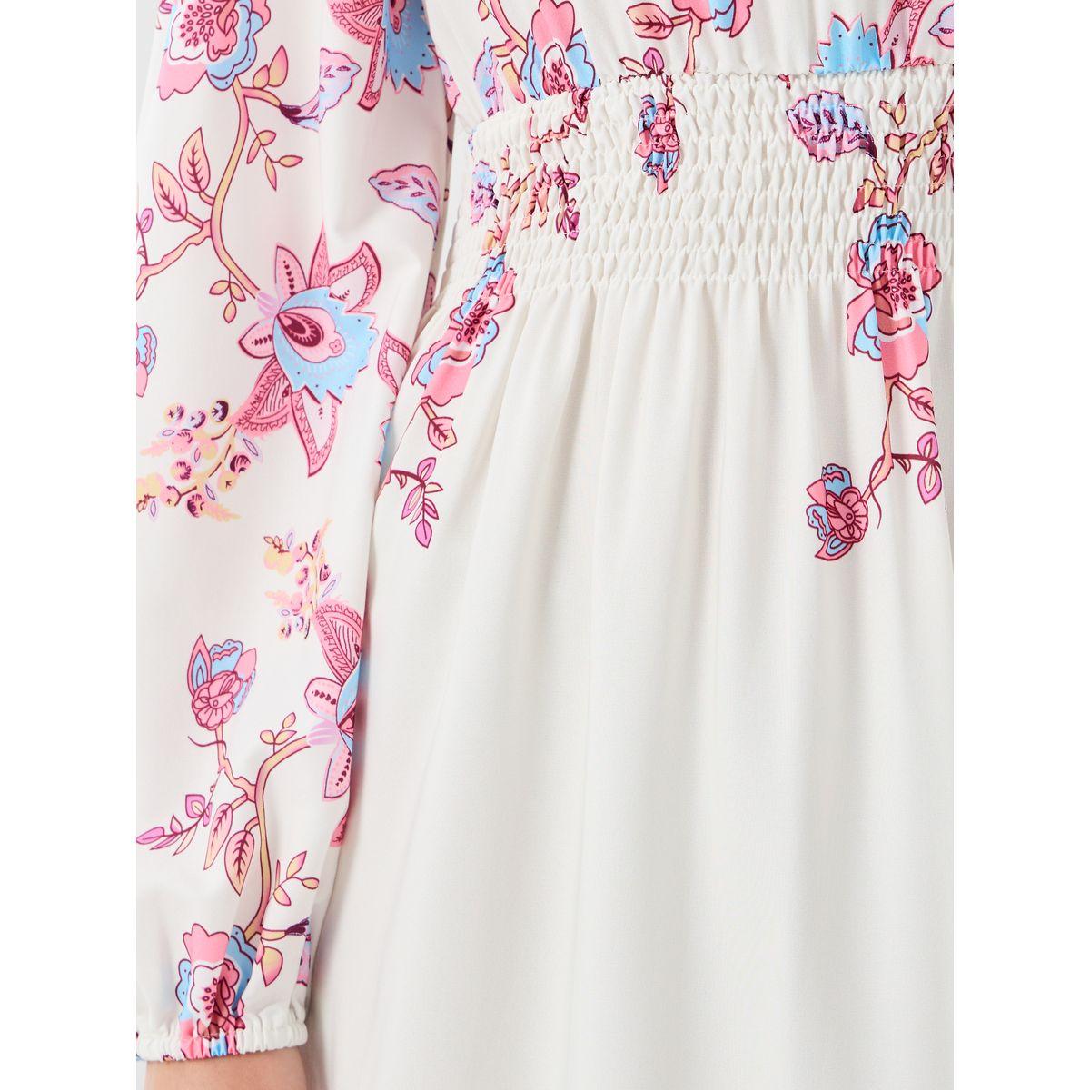 فستان ميدي بطبعة زهور وخصر مزموم مع أكمام بالون-women-clothing-dresses-image-3