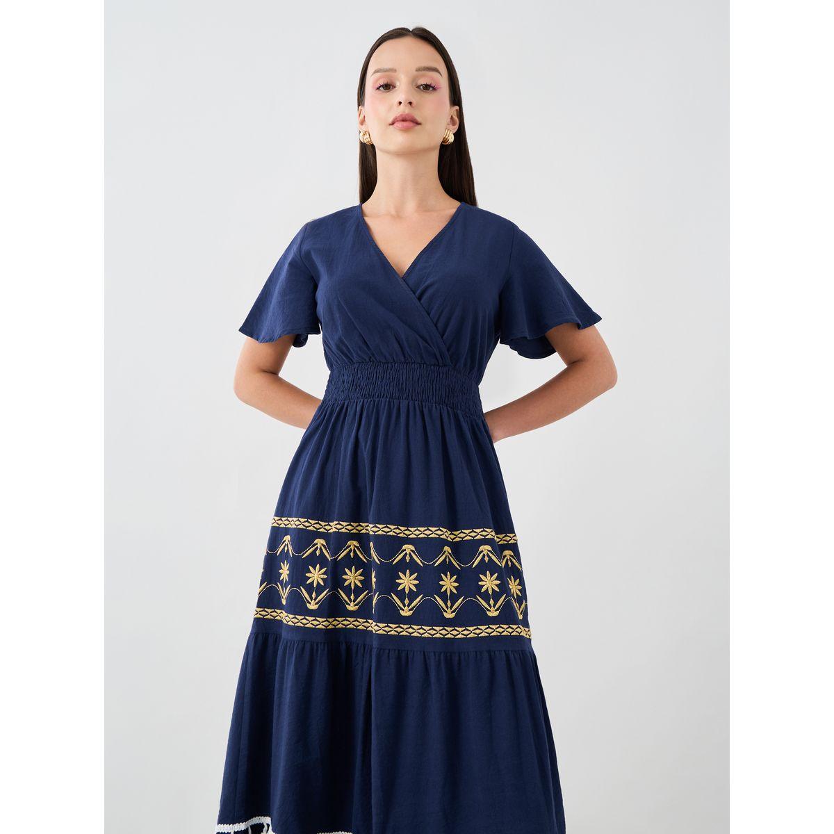 Styli Foil Printed Tassel Trim Short Sleeve A-Line Midi Dress-women-clothing-dresses-image-2
