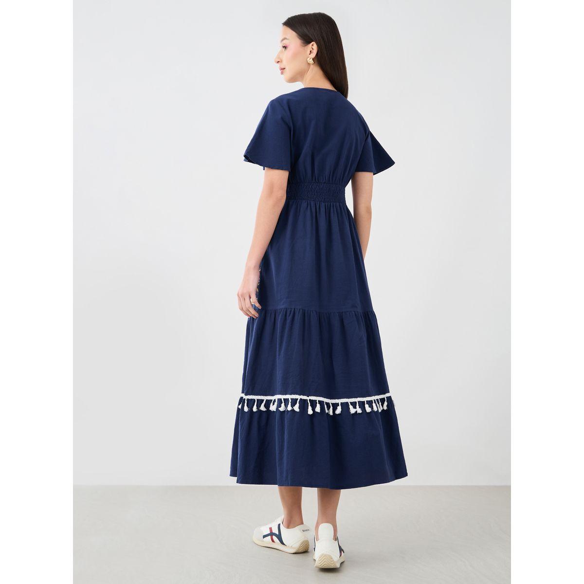 Styli Foil Printed Tassel Trim Short Sleeve A-Line Midi Dress-women-clothing-dresses-image-4