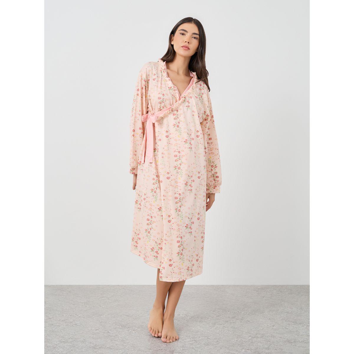 روب مطبع بزهور وتفاصيل كشكش-women-clothing-nightwear-robes-image-1