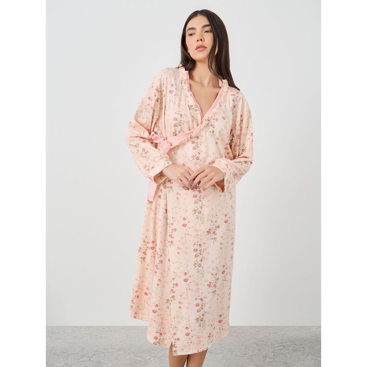 روب مطبع بزهور وتفاصيل كشكش-women-clothing-nightwear-robes-image-2
