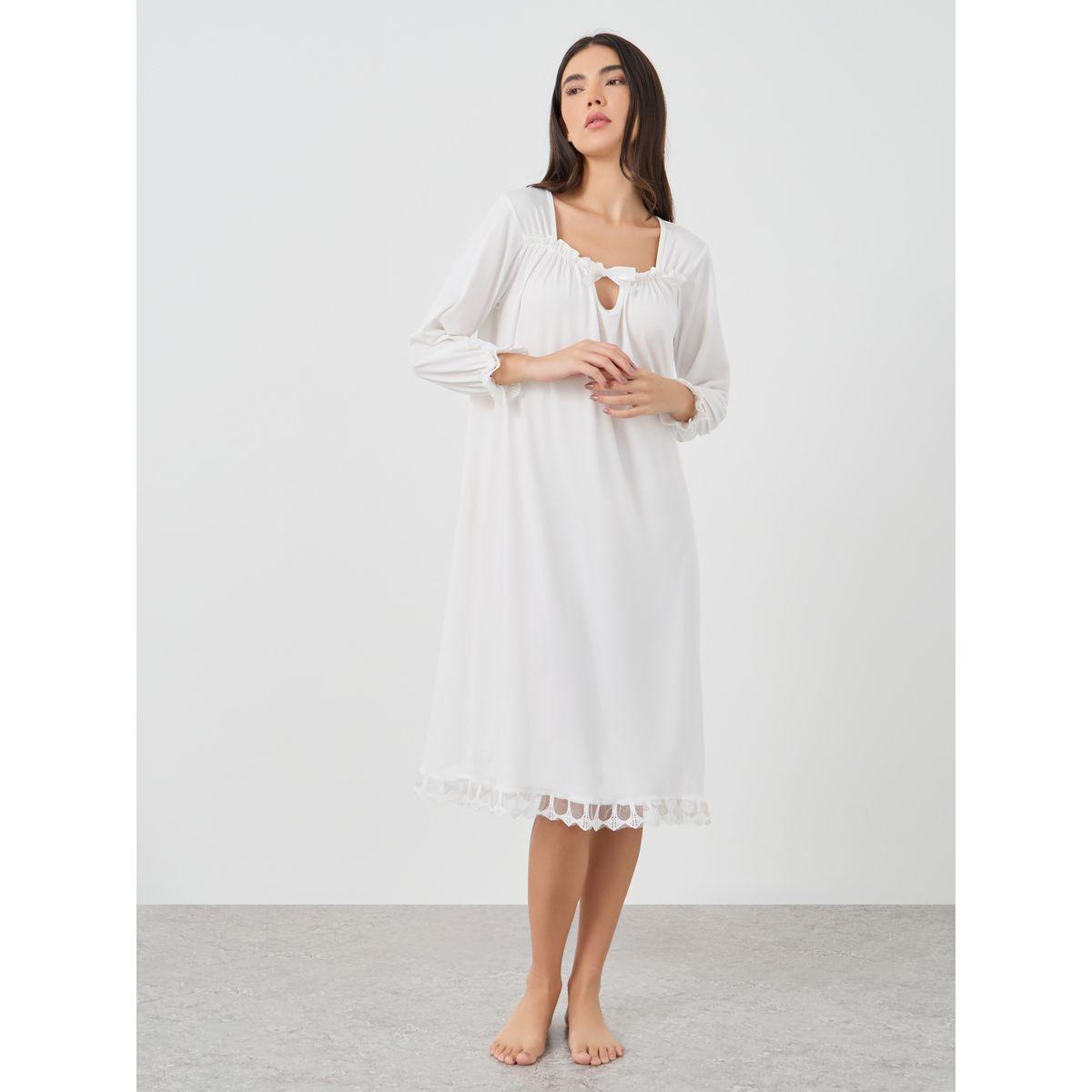 Styli Solid Lace Trim Long Sleeve Nightdress-women-clothing-nightwear-nighties-image-1
