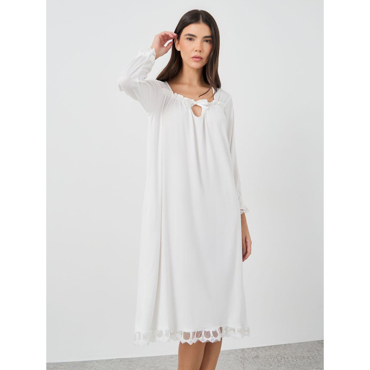 Styli Solid Lace Trim Long Sleeve Nightdress-women-clothing-nightwear-nighties-image-2