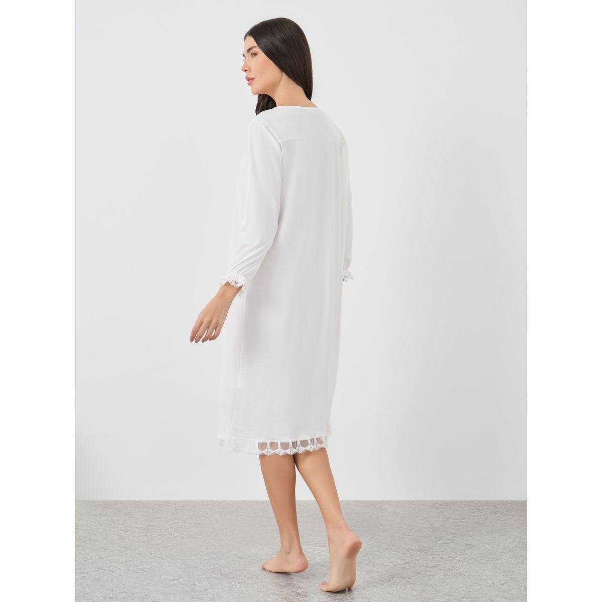 Styli Solid Lace Trim Long Sleeve Nightdress-women-clothing-nightwear-nighties-image-4