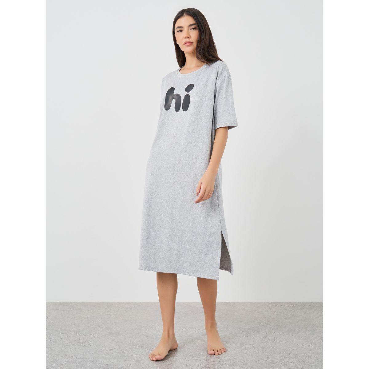 Styli Graphic Print Short Sleeve Side Slit Nightdress-women-clothing-nightwear-nighties-image-2