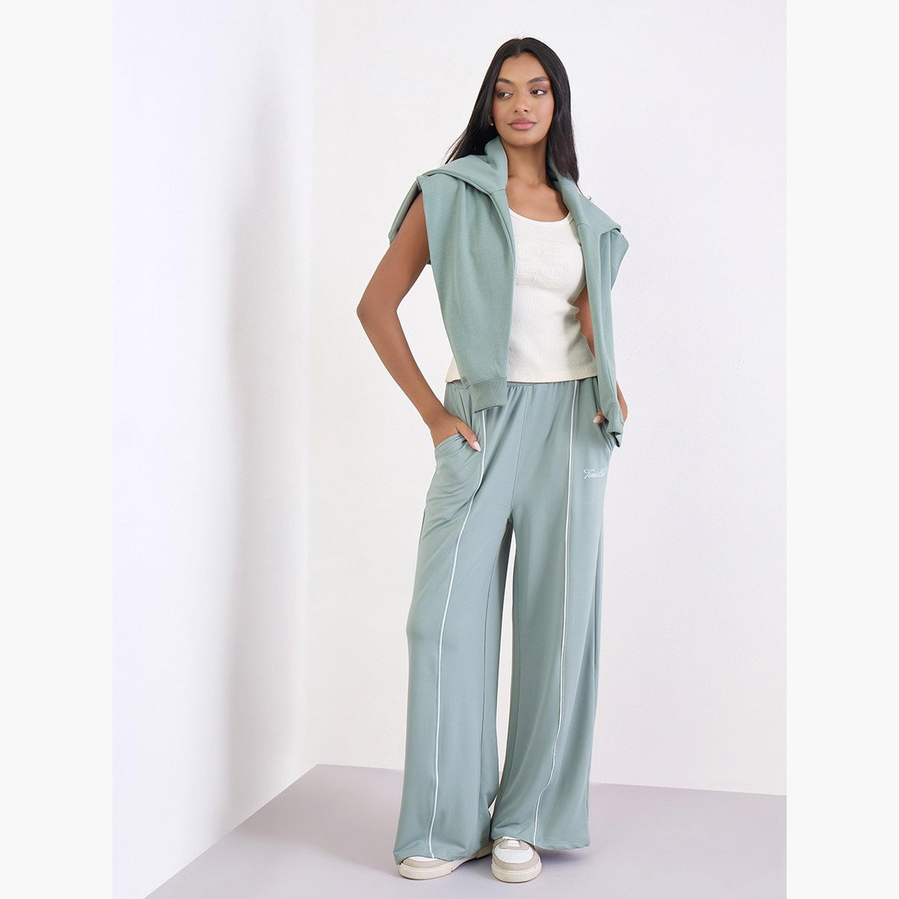 Styli Green Wide Leg Joggers with Piping Detail-women-clothing-bottoms-joggers-image-2