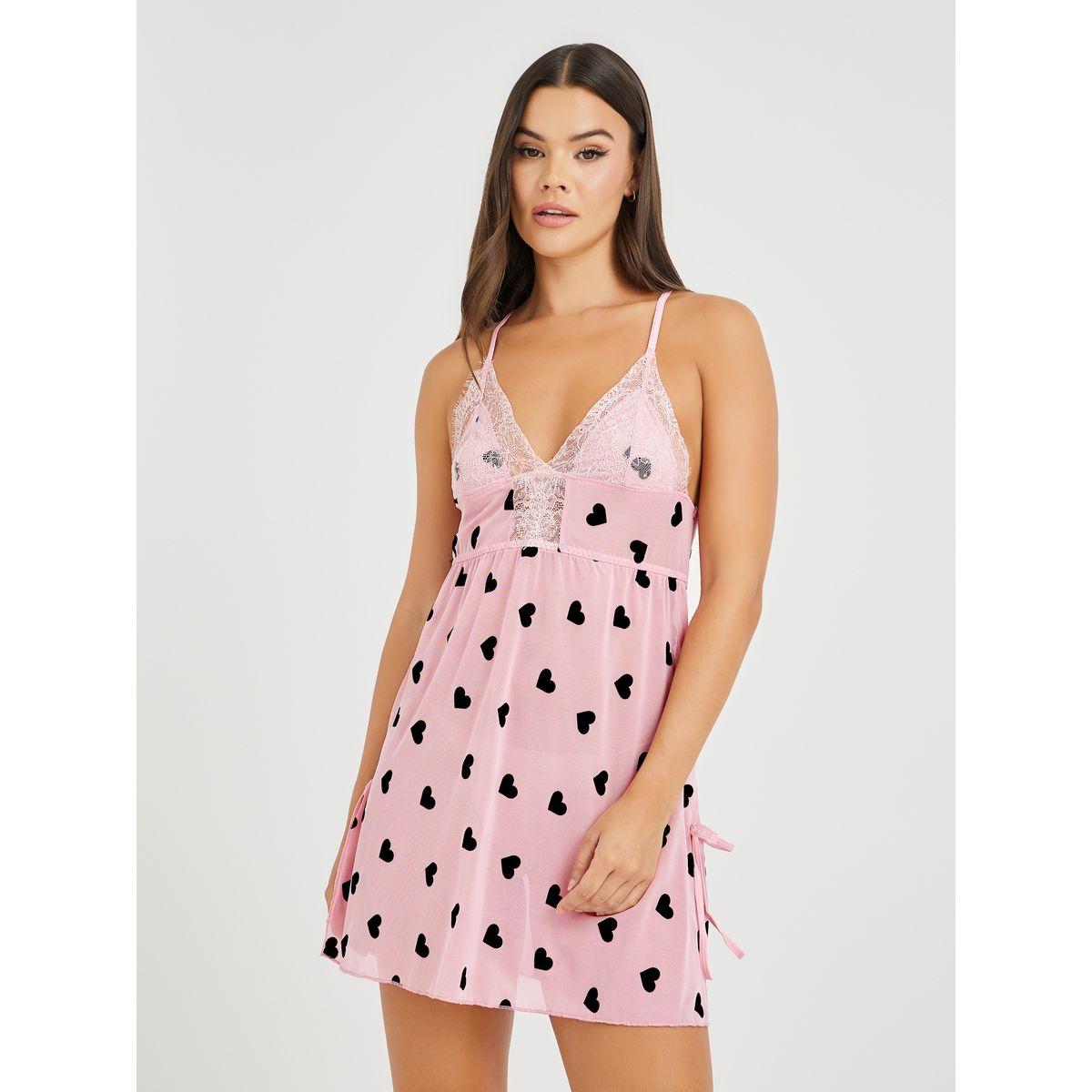 Styli Heart Print Bow Detail Mesh Slip Dress-women-clothing-lingerie-babydollsandbodysuits-image-1