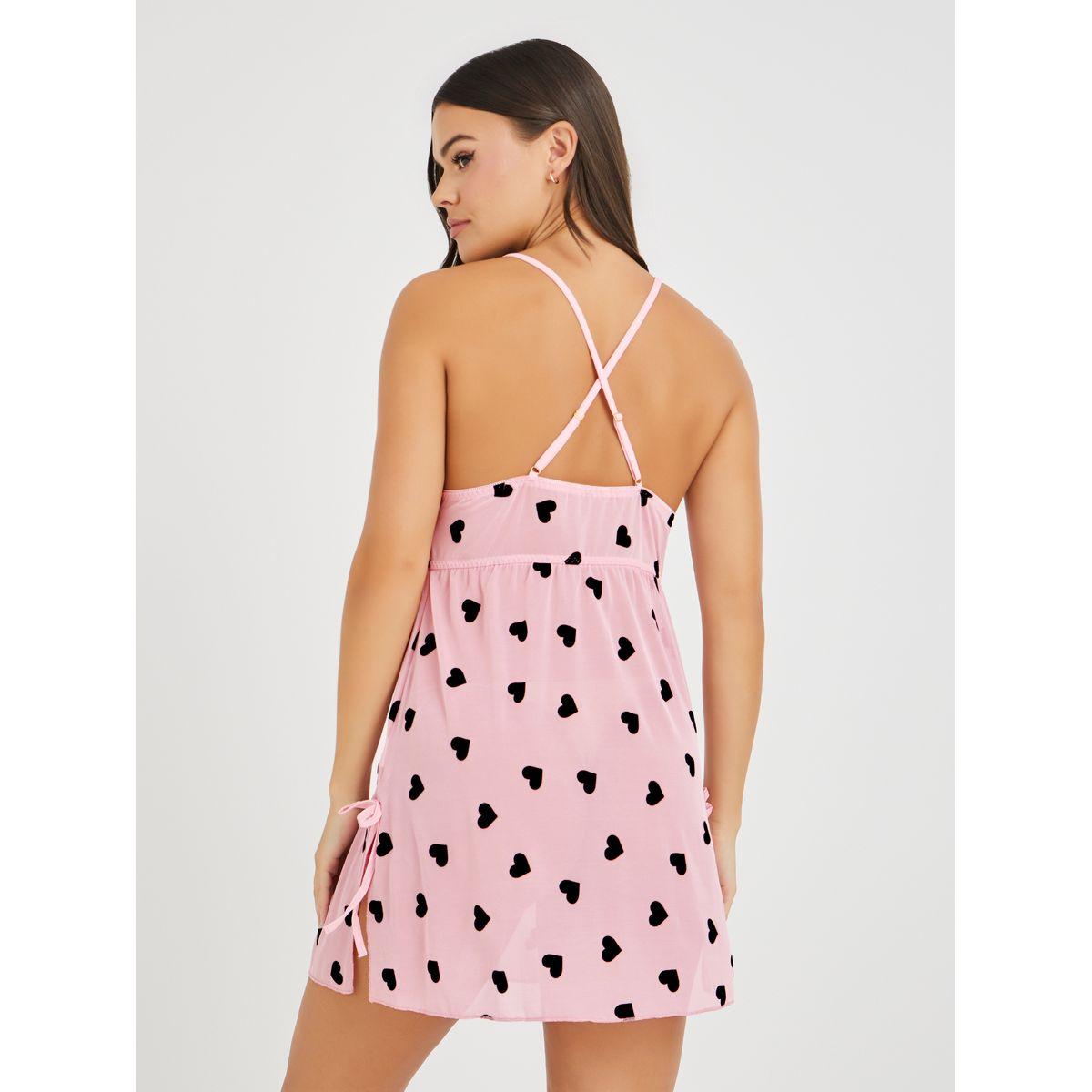Styli Heart Print Bow Detail Mesh Slip Dress-women-clothing-lingerie-babydollsandbodysuits-image-4