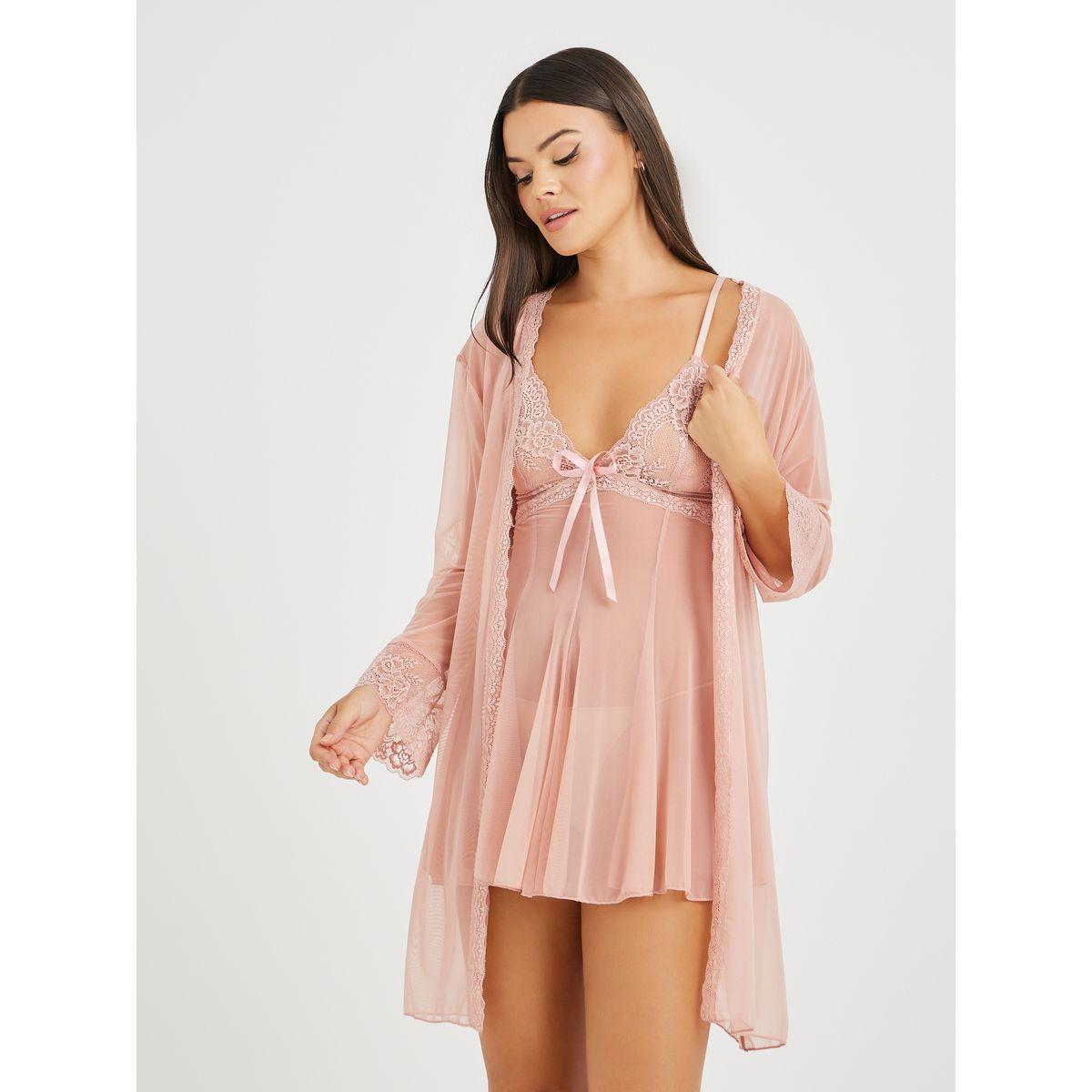 Styli Solid Lace Cup Mesh Slip Dress with Robe-women-clothing-lingerie-babydollsandbodysuits-image-1