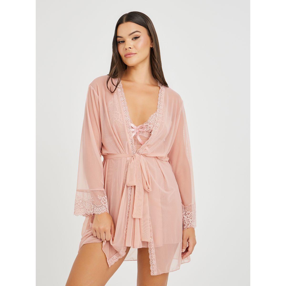 قميص نوم سادة بتفاصيل شبكية ودانتيل مع روب-women-clothing-lingerie-babydollsandbodysuits-image-2