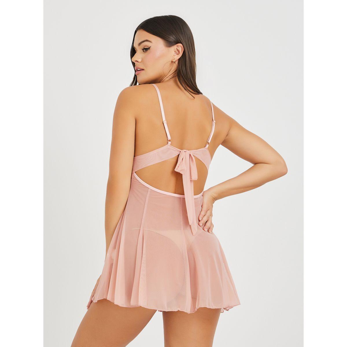 قميص نوم سادة بتفاصيل شبكية ودانتيل مع روب-women-clothing-lingerie-babydollsandbodysuits-image-6