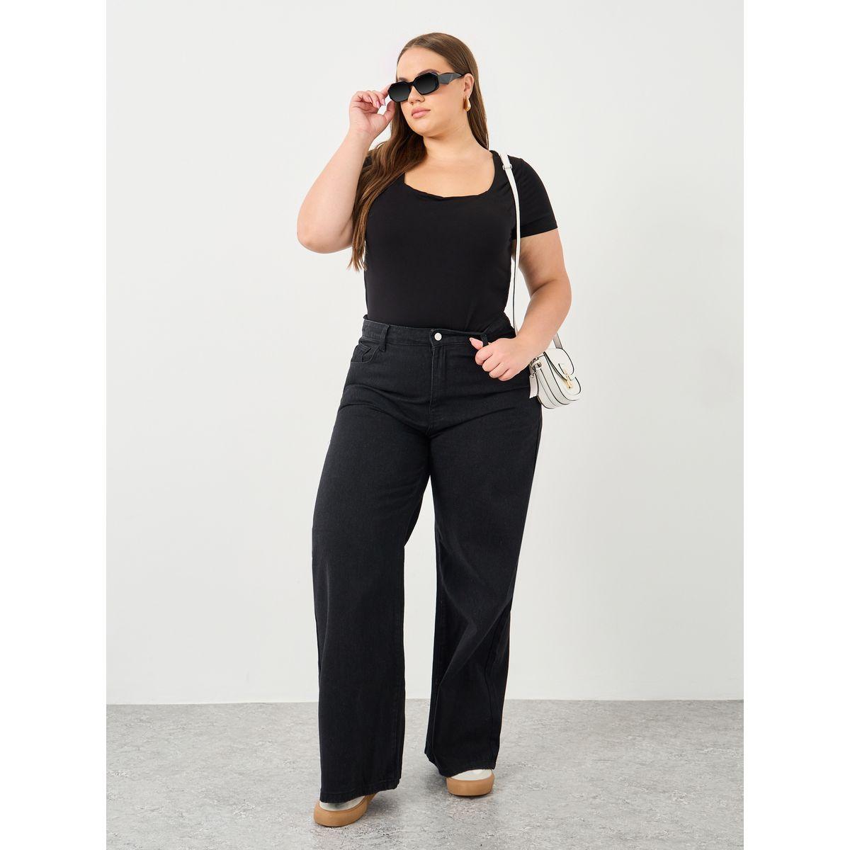 Styli Plus Black Fitted T-Shirt with Square Neck-women-clothing-tshirts-image-2