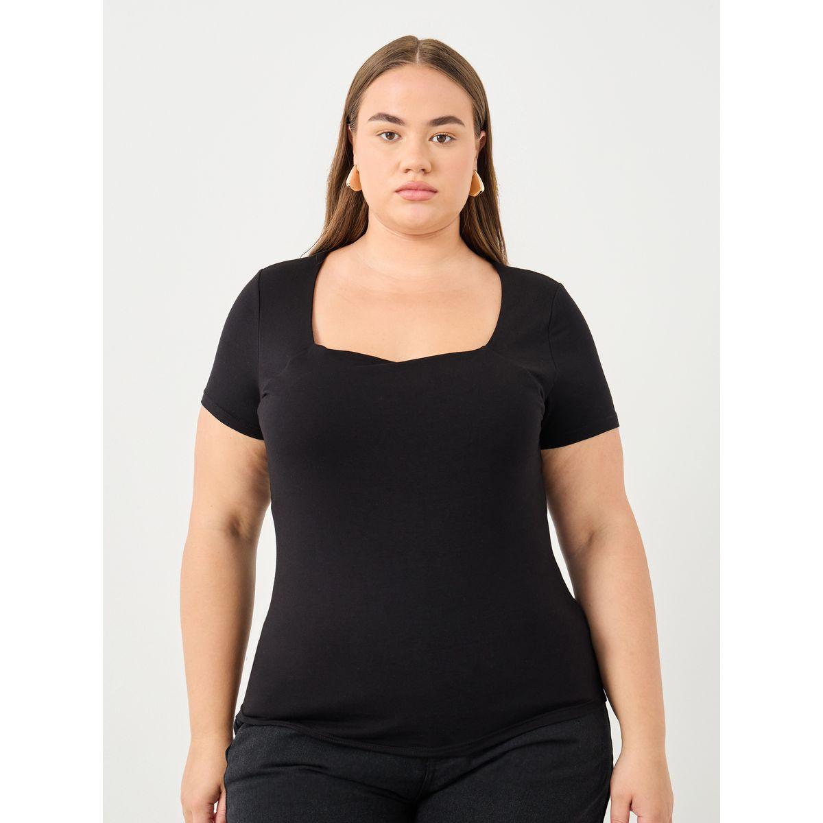 Styli Plus Black Fitted T-Shirt with Square Neck-women-clothing-tshirts-image-3