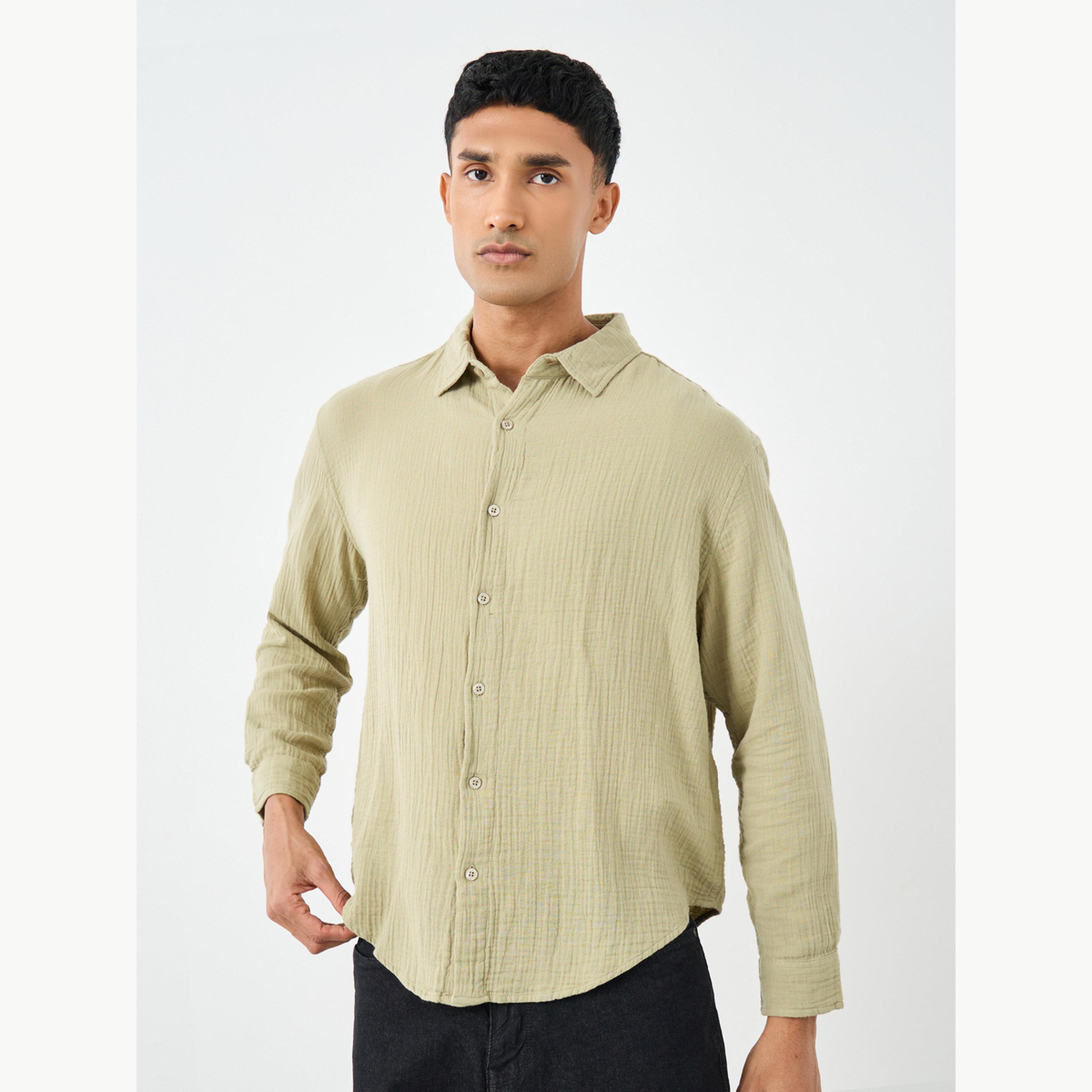 Styli Men Green Textured Relaxed Fit Shirt-men-clothing-shirts-image-1