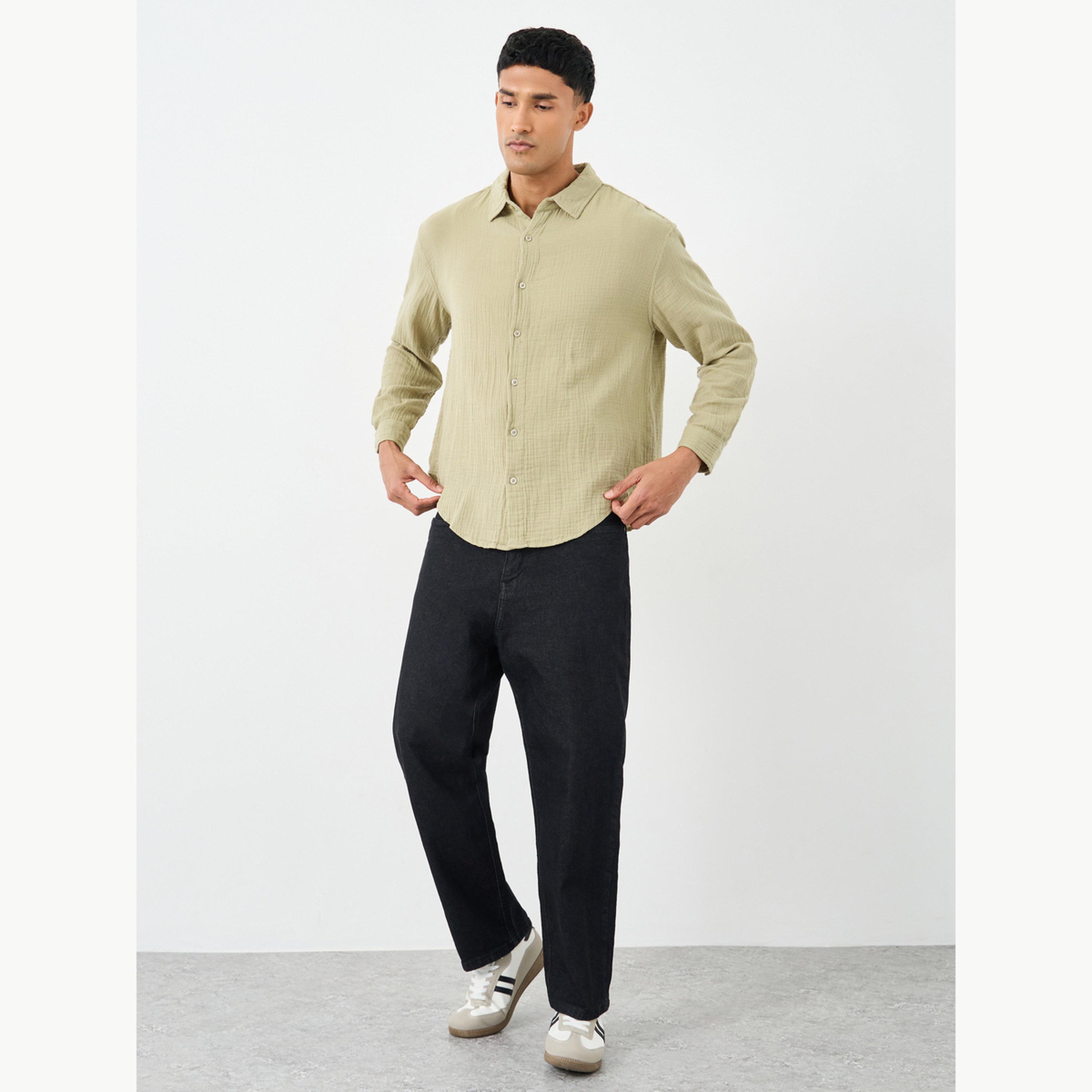 Styli Men Green Textured Relaxed Fit Shirt-men-clothing-shirts-image-2