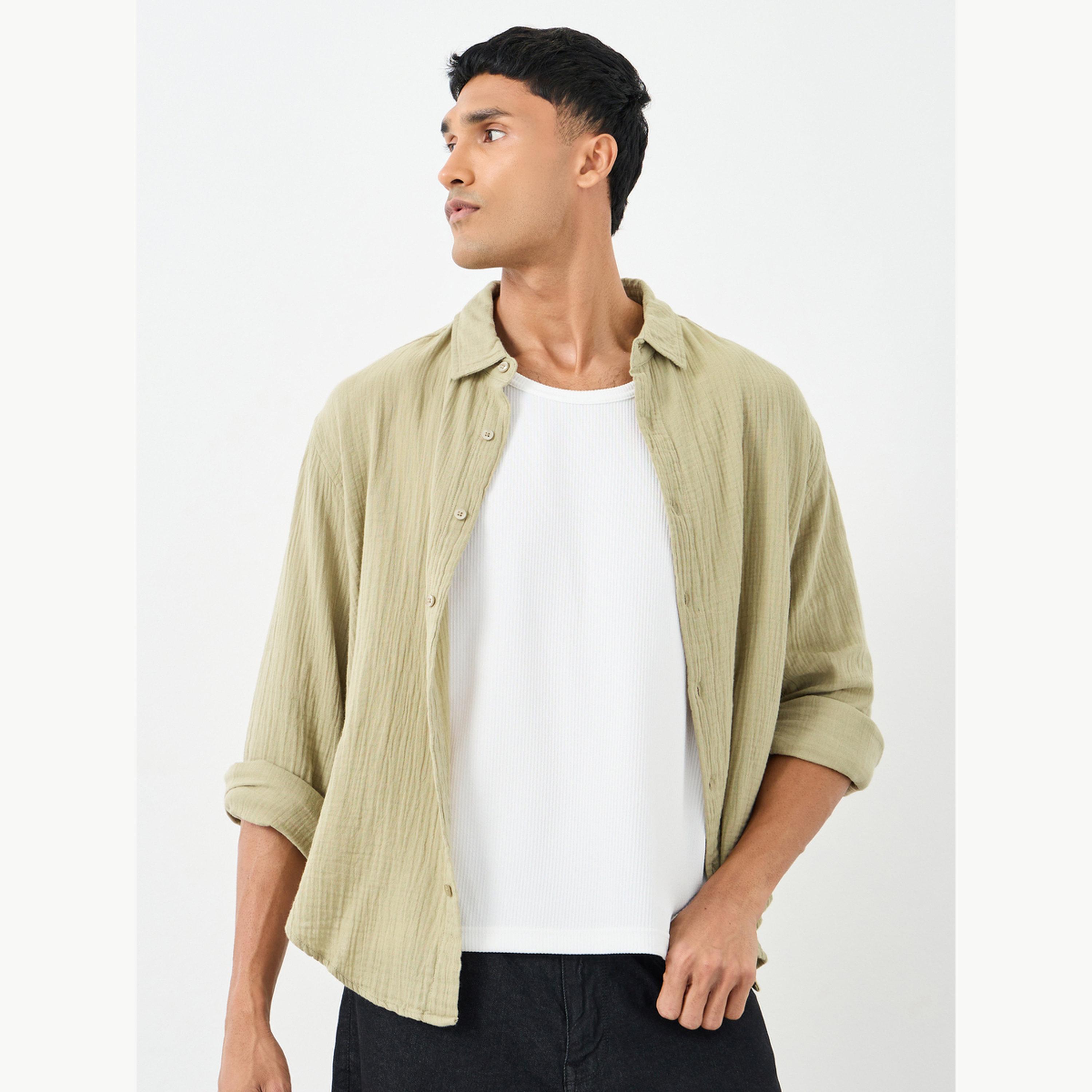 Styli Men Green Textured Relaxed Fit Shirt-men-clothing-shirts-image-3