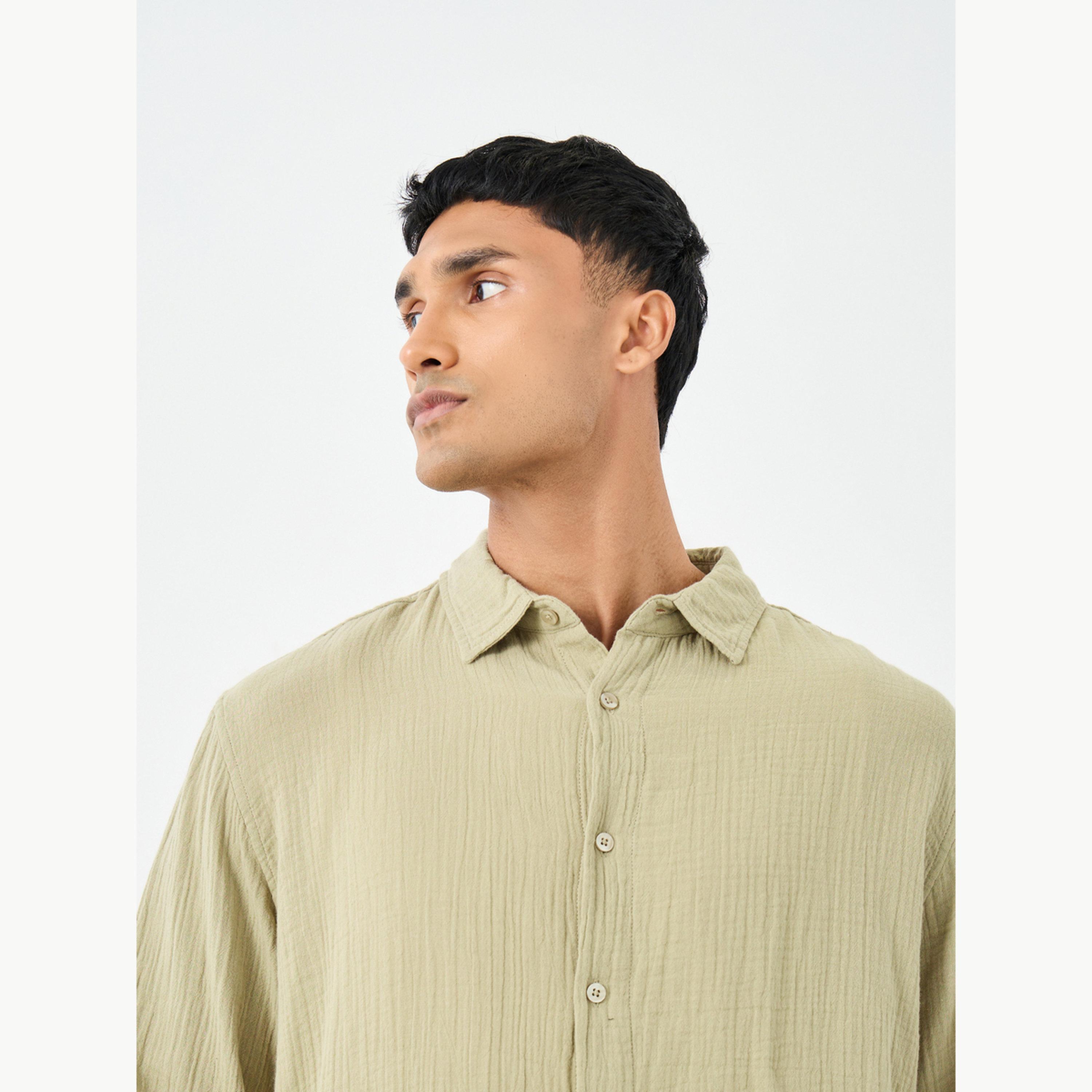 Styli Men Green Textured Relaxed Fit Shirt-men-clothing-shirts-image-4