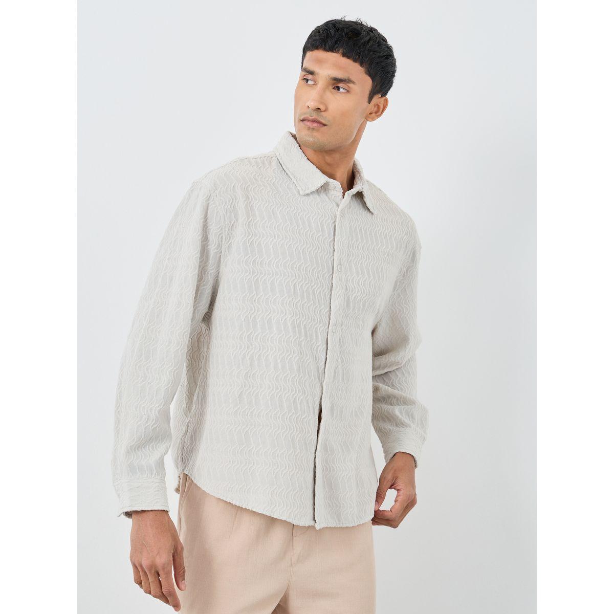 Styli Men Off White Dobby Knit Long Sleeve Oversized Shirt-men-clothing-shirts-image-1