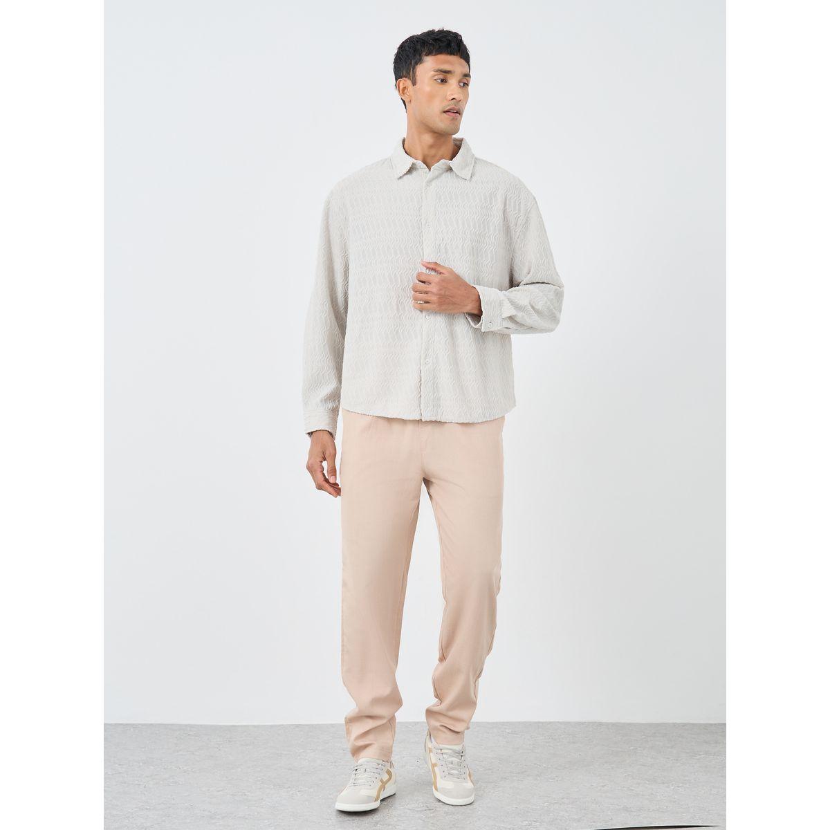 Styli Men Off White Dobby Knit Long Sleeve Oversized Shirt-men-clothing-shirts-image-2