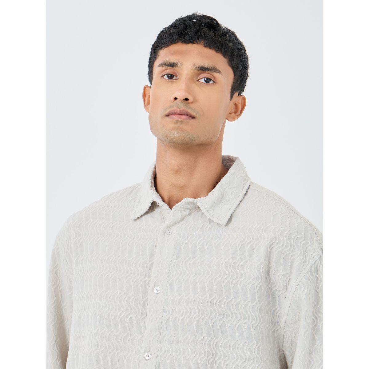 Styli Men Off White Dobby Knit Long Sleeve Oversized Shirt-men-clothing-shirts-image-3
