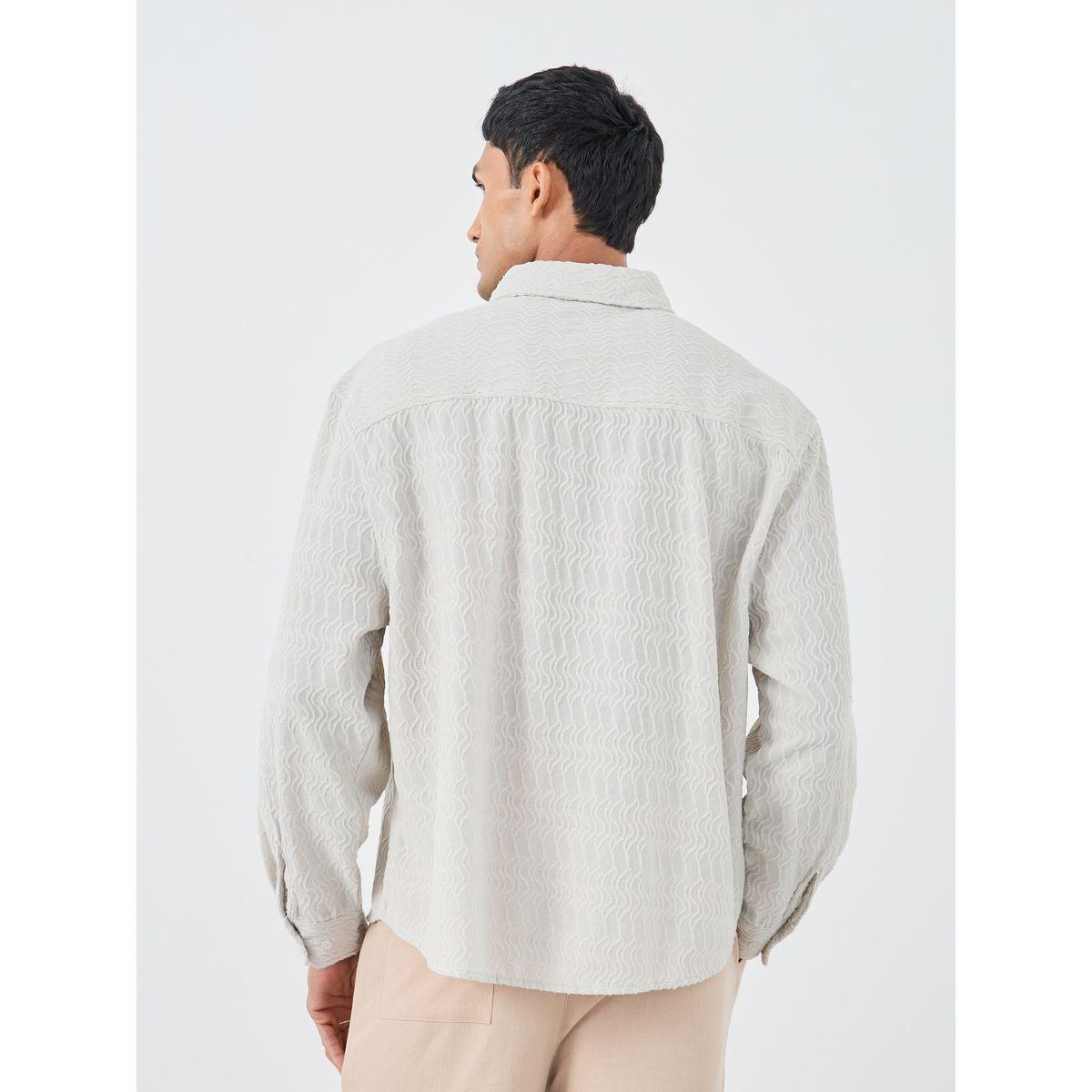 Styli Men Off White Dobby Knit Long Sleeve Oversized Shirt-men-clothing-shirts-image-4