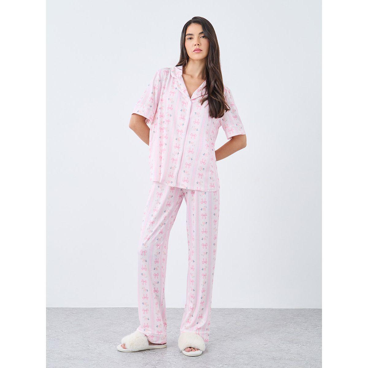 Styli Linear Bow Print Short Sleeve Shirt and Pyjama Set-women-clothing-nightwear-pyjamas-longsets-image-1