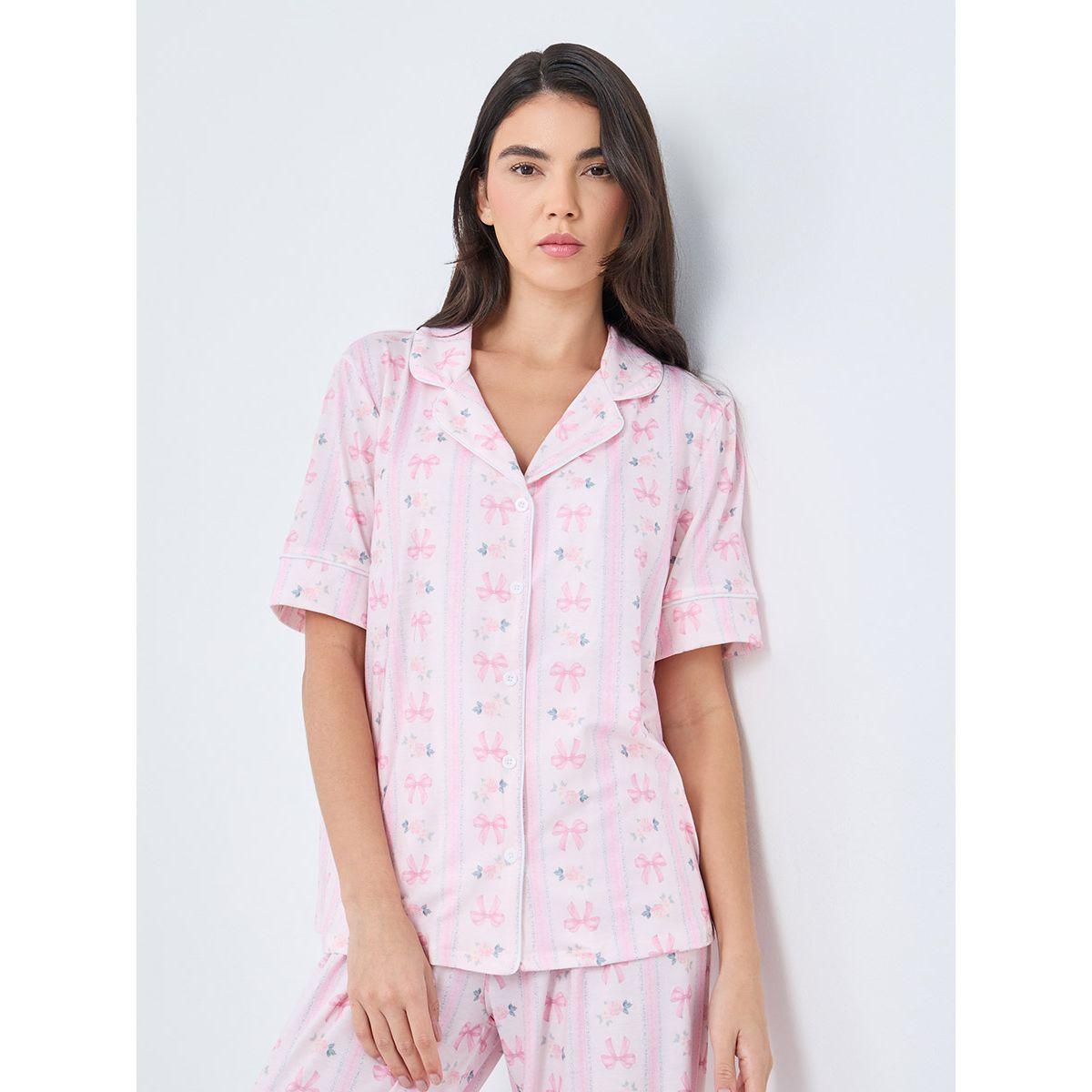 Styli Linear Bow Print Short Sleeve Shirt and Pyjama Set-women-clothing-nightwear-pyjamas-longsets-image-2