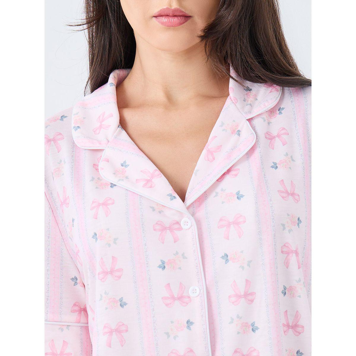 Styli Linear Bow Print Short Sleeve Shirt and Pyjama Set-women-clothing-nightwear-pyjamas-longsets-image-3
