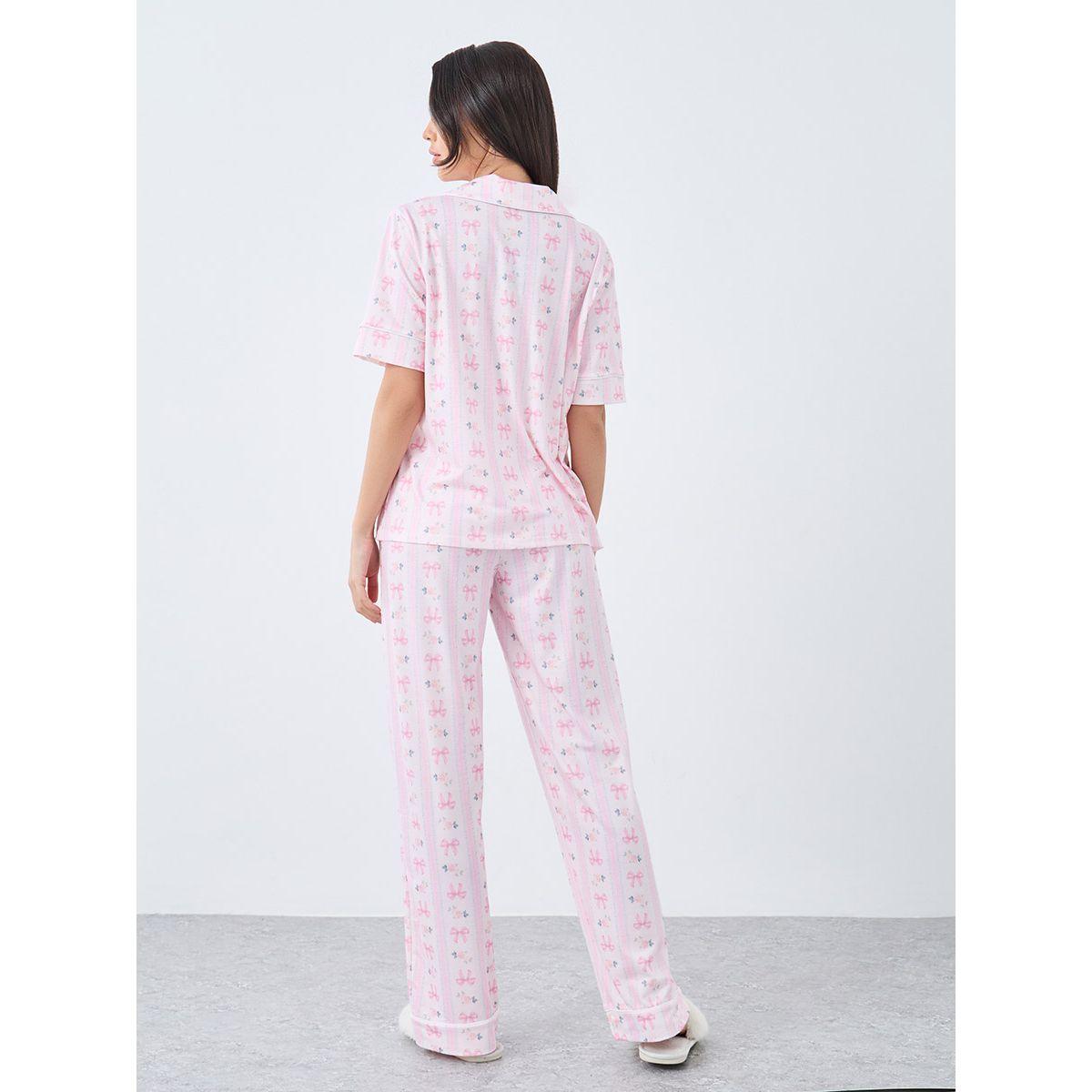 Styli Linear Bow Print Short Sleeve Shirt and Pyjama Set-women-clothing-nightwear-pyjamas-longsets-image-4