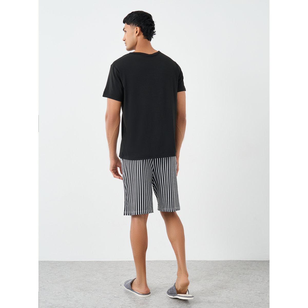 Styli Men Black Graphic T-Shirt and Striped Shorts Set-men-clothing-nightwear-sets-image-4
