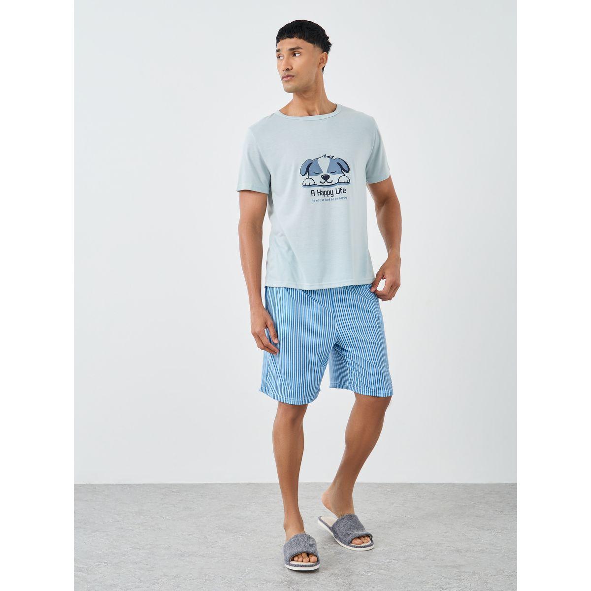 Styli Men Light Blue Graphic T-Shirt and Striped Shorts Set-men-clothing-nightwear-sets-image-1