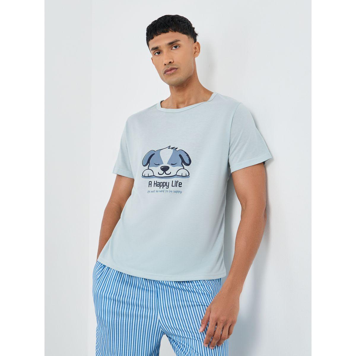 Styli Men Light Blue Graphic T-Shirt and Striped Shorts Set-men-clothing-nightwear-sets-image-2