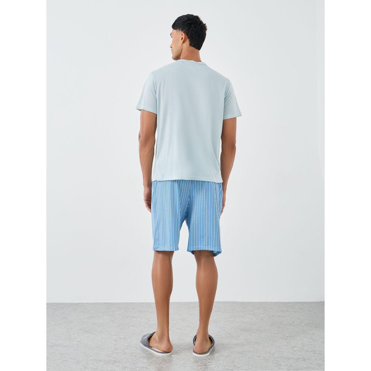 Styli Men Light Blue Graphic T-Shirt and Striped Shorts Set-men-clothing-nightwear-sets-image-4