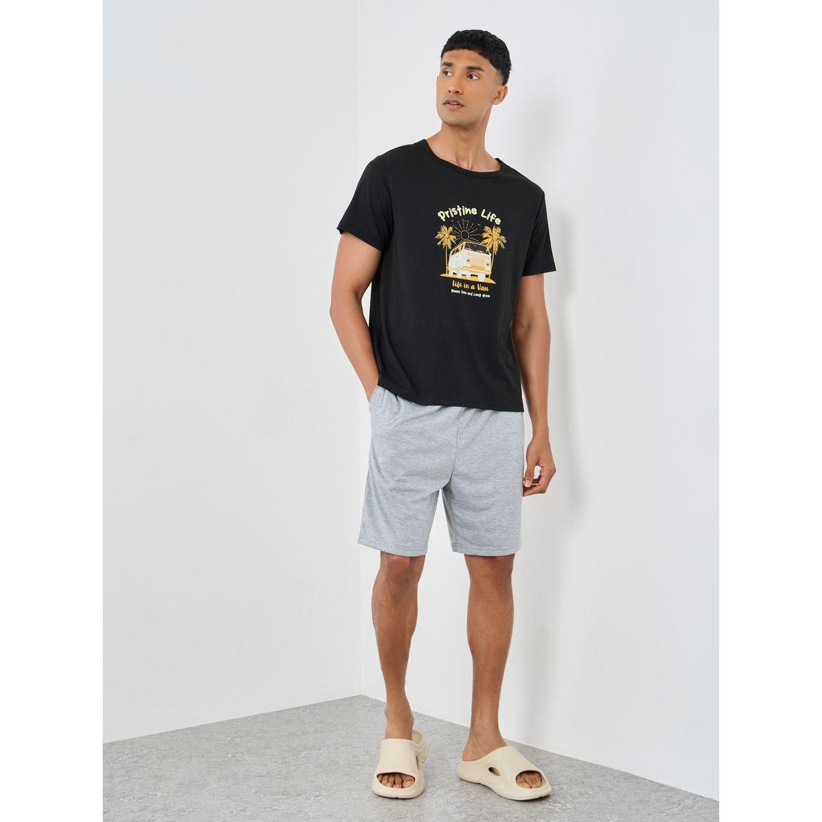 Styli Black Graphic Printed T-Shirt and Shorts Set-men-clothing-nightwear-sets-image-1