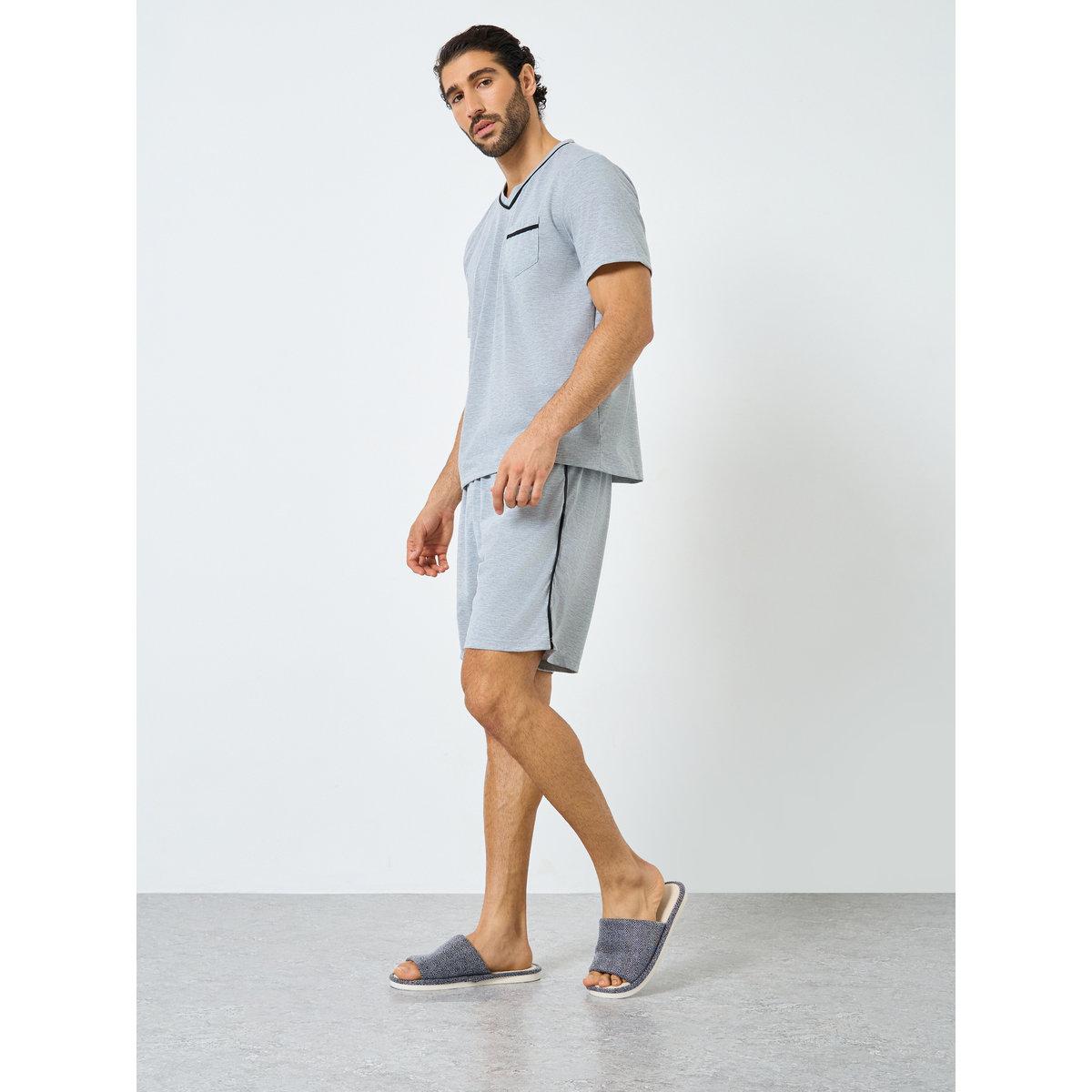Styli Men Grey V Neck T-Shirt and Piping Detail Shorts Set-men-clothing-nightwear-sets-image-1
