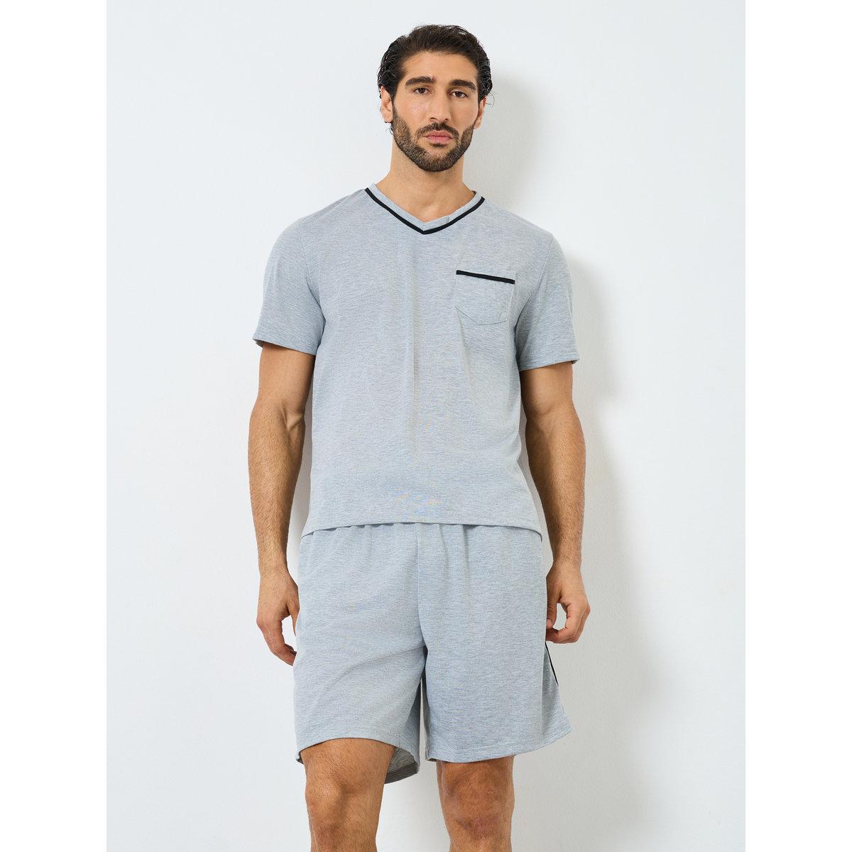 Styli Men Grey V Neck T-Shirt and Piping Detail Shorts Set-men-clothing-nightwear-sets-image-2